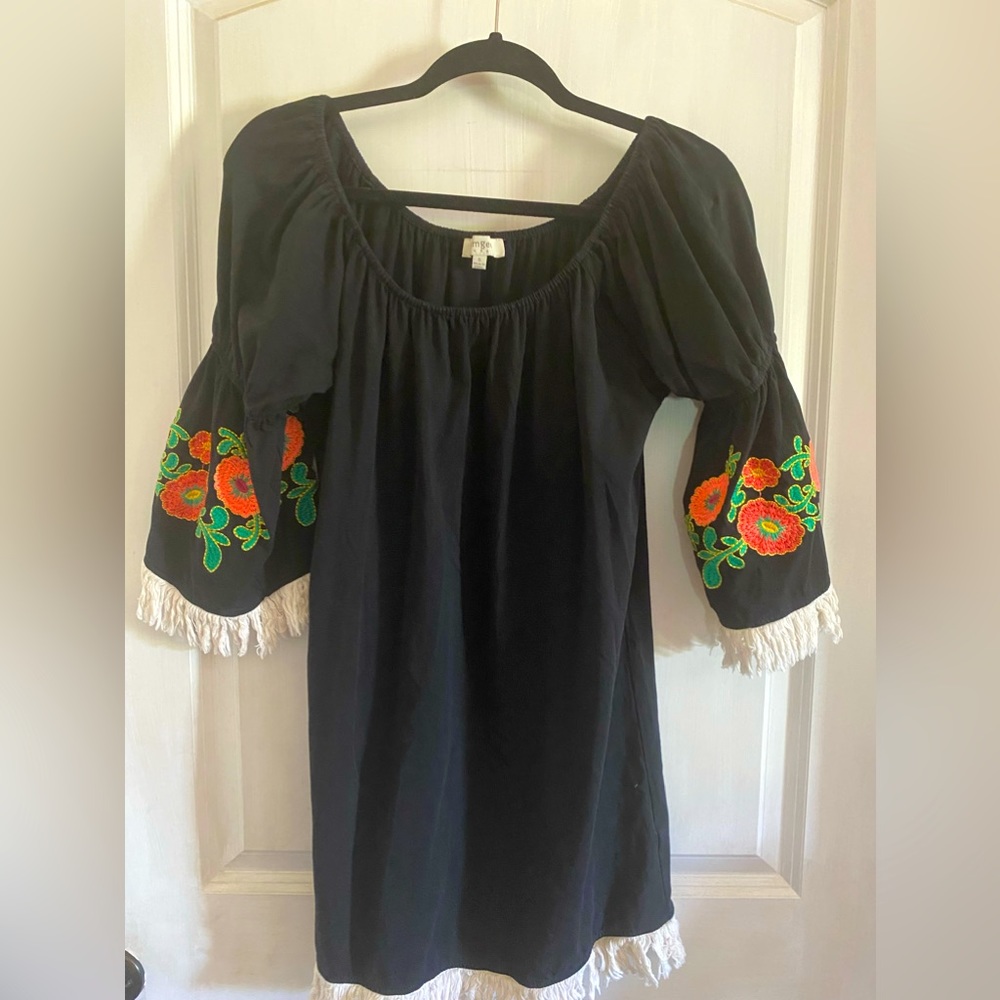 Umgee Black Off The Shoulder Embroidered Boho Fringe Swim Coverup